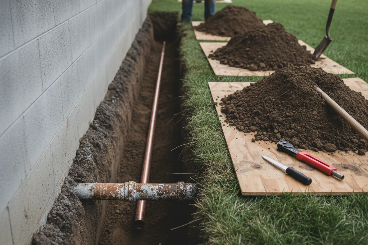 Excavated water line trench during Water Softener Installation in Westfield Center